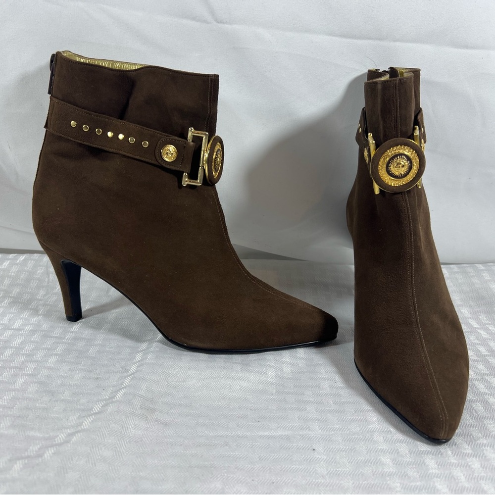 In box: Gianni Versace Medusa Suede Ankle Boots Brown EU 36.5